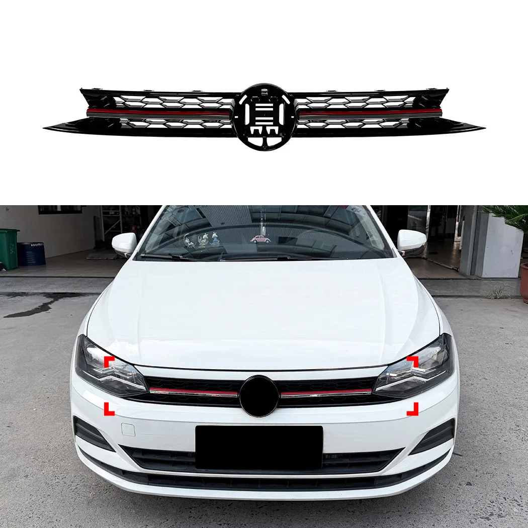 Центральная решетка переднего бампера в стиле GTI для Volkswagen Polo MK6 2018-2021, верхняя решетка сотовой структуры, спортивные решетки переднего бампера.