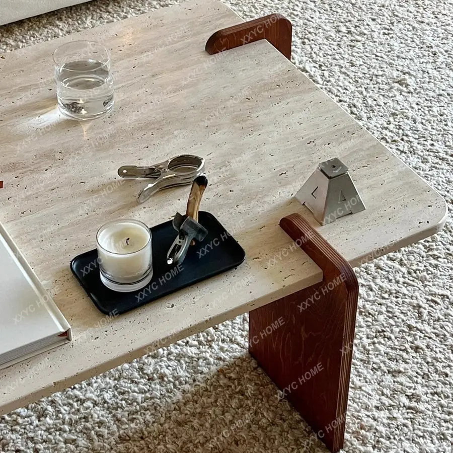 

Wabi-sabi wind tunnel stone slab light luxury cream style simple rectangular coffee table living room b&b