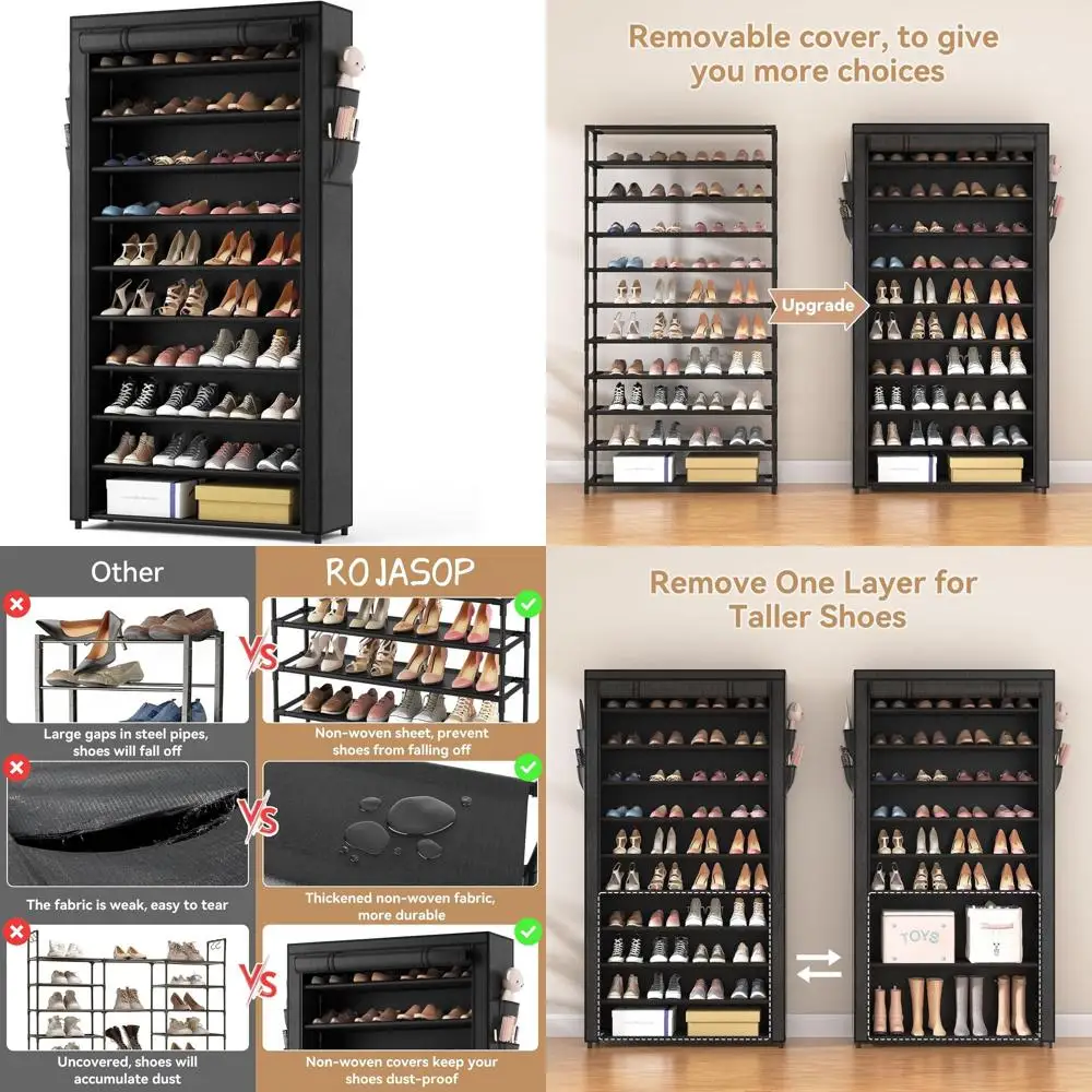 

Large Stackable Shoe Rack for 50-55 Pairs, Metal Organizer with Cover for Closet, Entryway, Garage