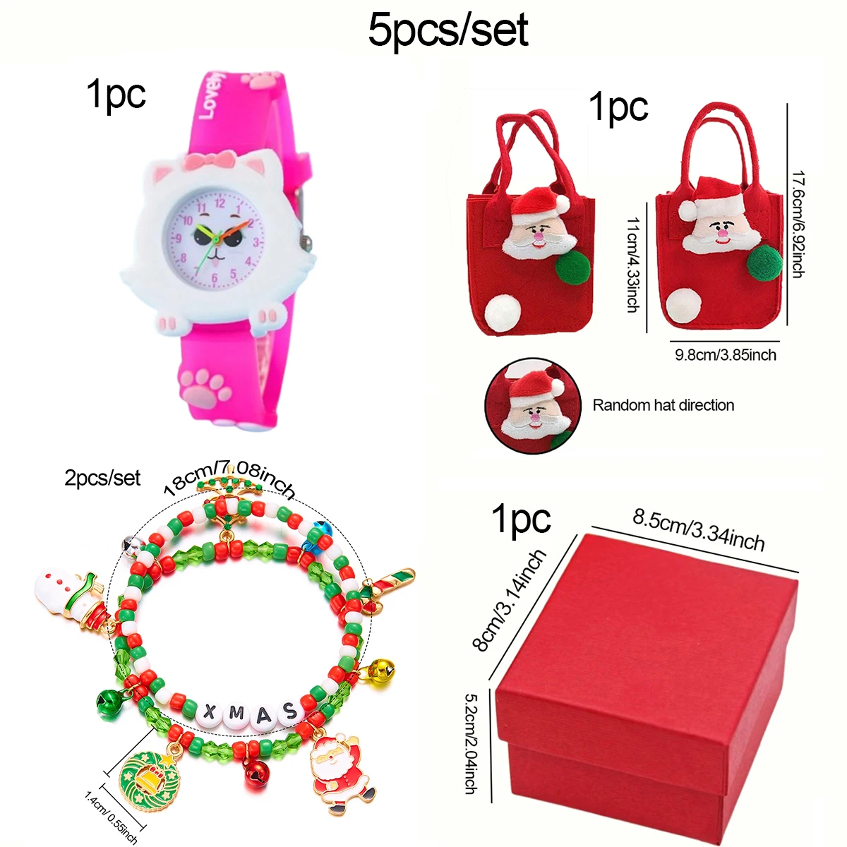 Gatinho Paw Print Watch Set, Pulseira Estilo Natal, Presente Perfeito Escolha, Presente de Natal, 5pcs por conjunto