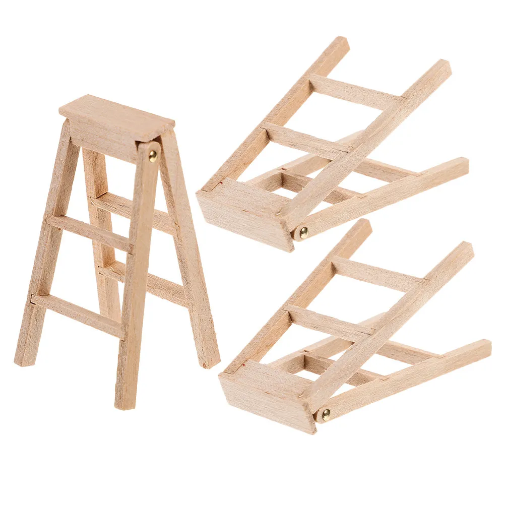 3Pcs Miniature Wooden Ladder Foldable Step Stairs for Dollhouse Decor Garden Ornament DIY Craft Micro Landscape Accessory