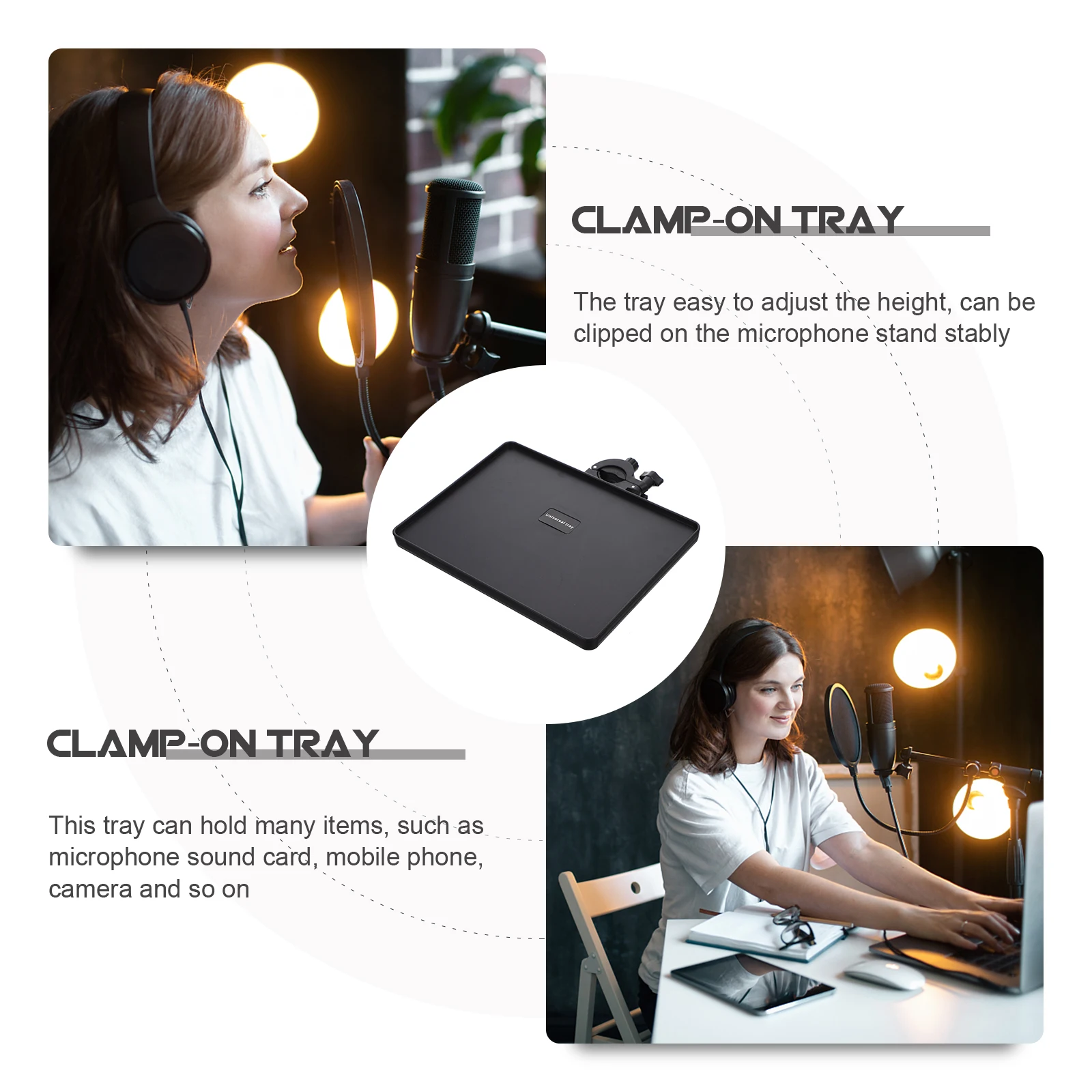 

Adjustable Multifunctional Plastic Tray Microphone Sound Card Holder Live Broadcast Clamp-On Rack Durable Premium Material Mic