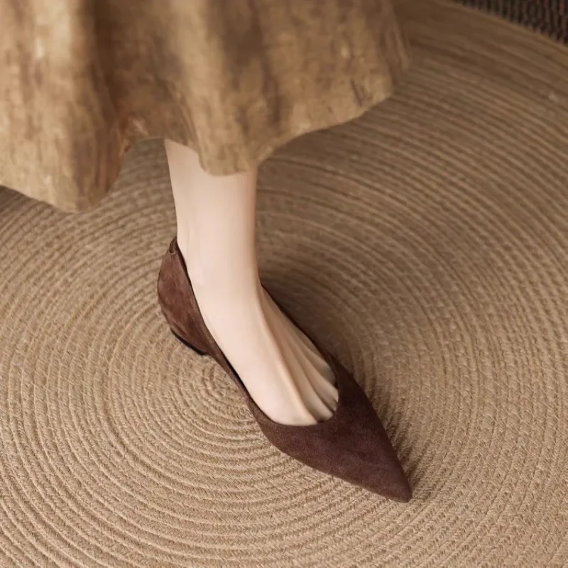Fashion Nude Color High-Heel Open-Toe Flats Retro Pointed-Toe Flat Leather Work Shoes for Casual Office Wear. Low Heel Large Siz