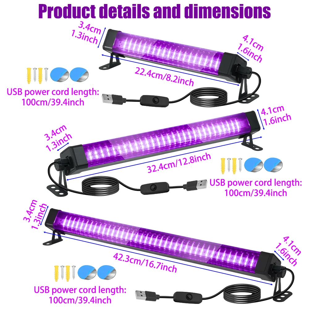 40/60/80 LED Black Light Tube - with switch, 360 degree rotation, UV lamp for glow party, body art, Halloween, Christmas holiday