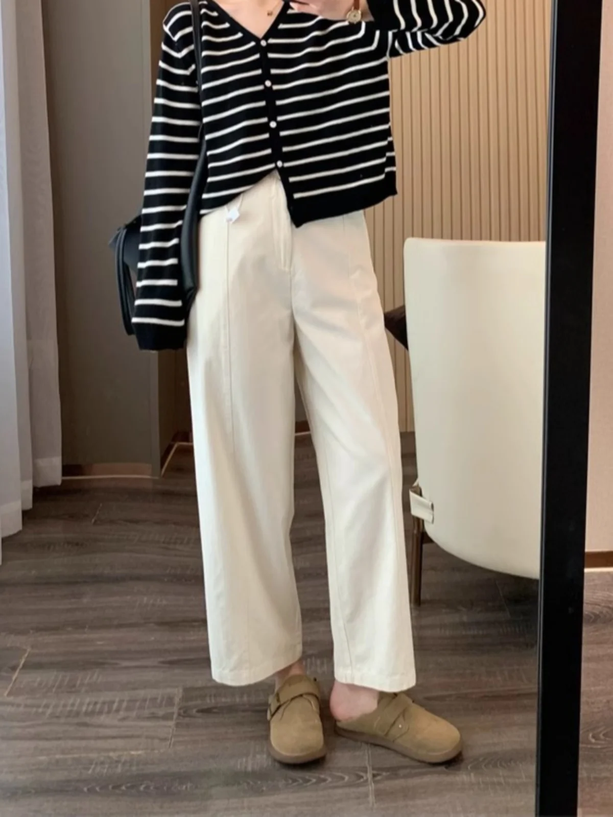 

White High Waist Straight Leg Casual Pants Women plus Size Pear ape Body Slimming Casual Trousers Nine Point Harlan Pants