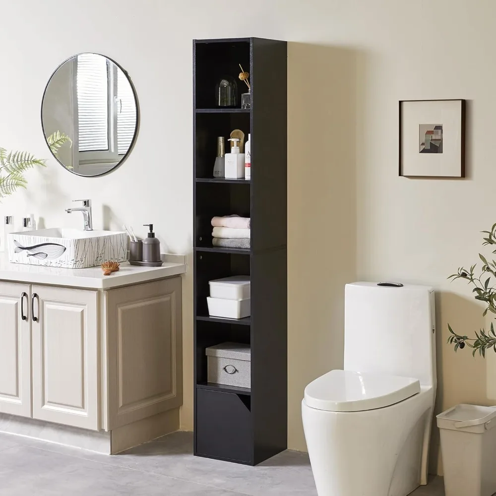 

6 Tier Narrow Bookcase with Doors Cube Storage Cabinet Slim Media Tower Rack for Small Spaces Home Office Black Display