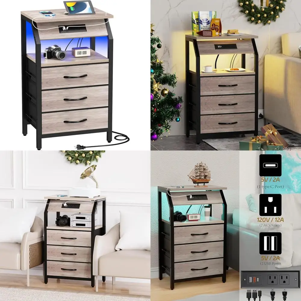 

3-Drawer Nightstand with LED Lights and Fabric Storage for Living Rooms, Dorms, and Greige Interiors