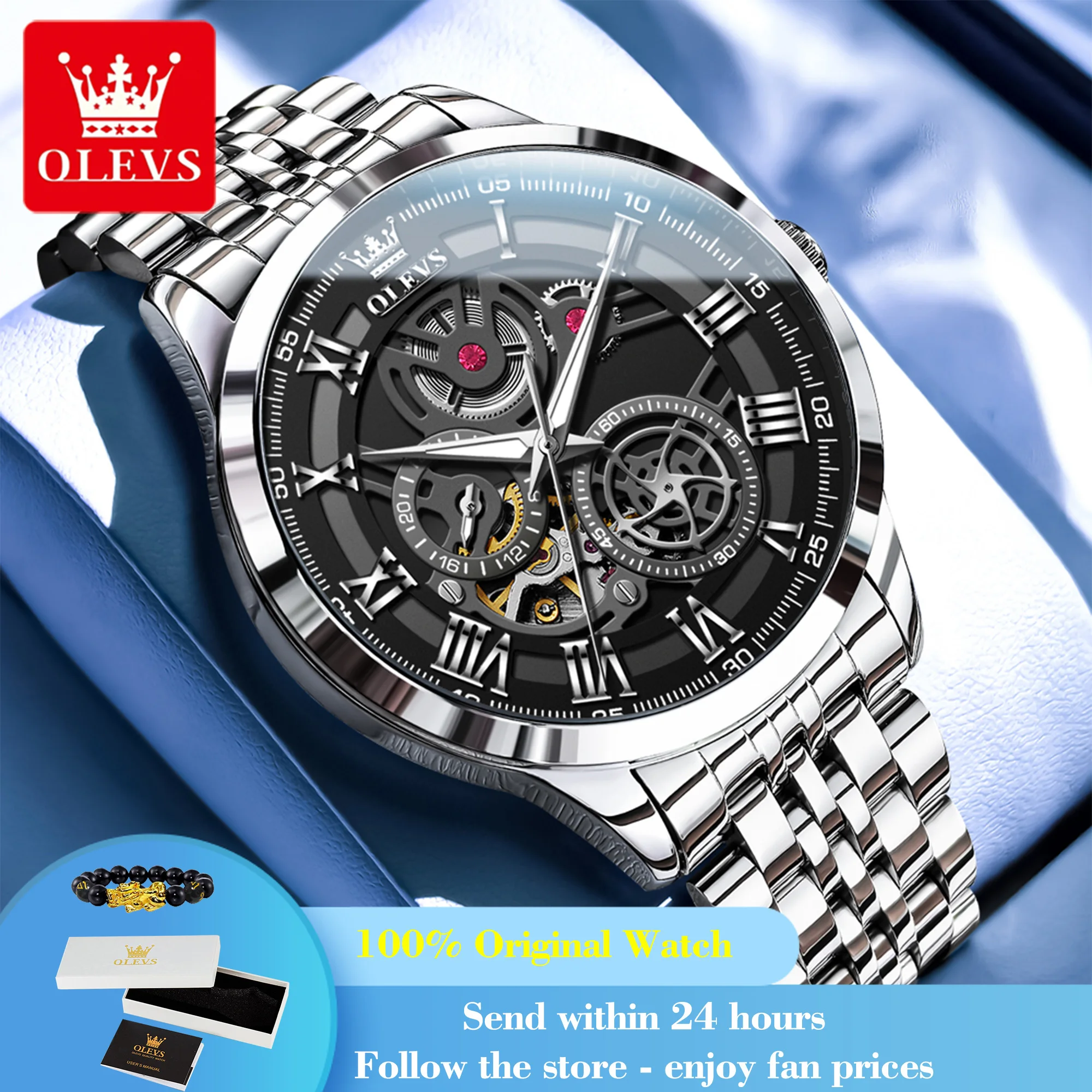 

OLEVS 7076 Men's Watch Automatic Mechanical Watch For Men Top Brand 30M Waterproof Luminous Roman Scale Hollow Male Wristwatch