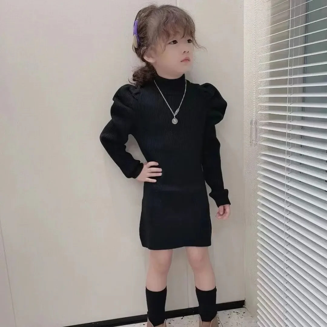 

2025 New Season Girl's Knit All-season High Neck Fitted Bubble Sleeve Dress Trendy Knit Dress for Girls