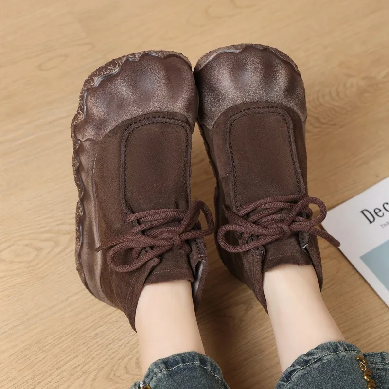 

Birkuir Retro Flat Platform Ankle Boots For Women Mixed Colors Lace Up Plush Inner Snow Boots Flats Genuine Leather Short Boots