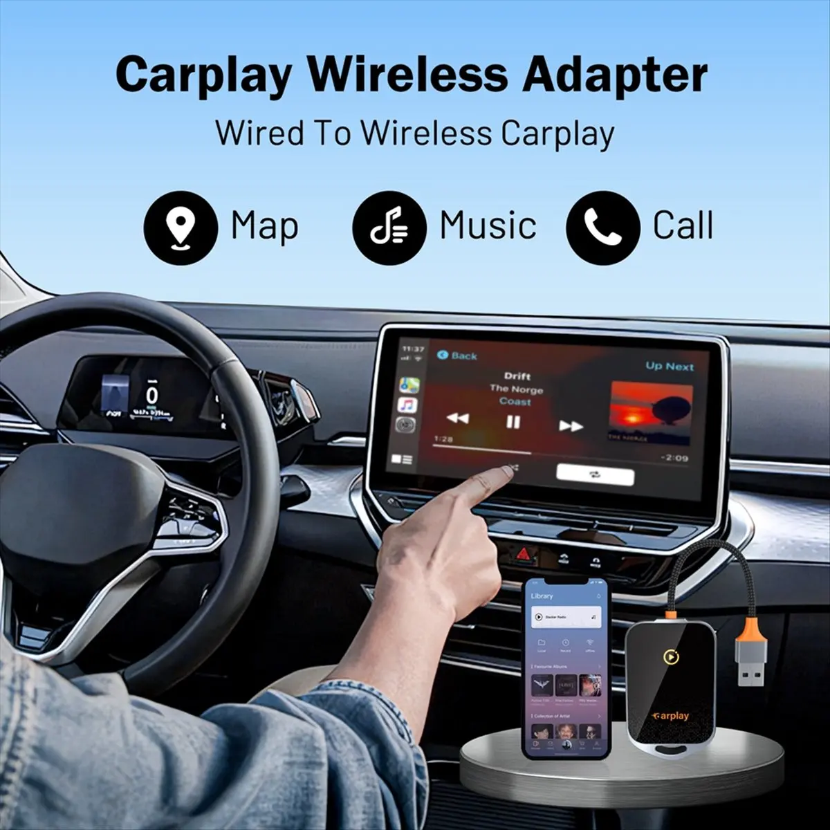 dt37-iphone用ワイヤレスcarplayアダプター、58ghz-carplayが有線接続をワイヤレスに変換するaiボックス、プラグアンドプレイ、2015年以降の車に適合