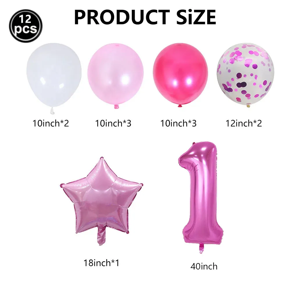 12pcs Girls First Birthday Party Balloons Pink Number Baloon Birthday Decoration Girls 1 2 3 4 5 6 7 8 9 Years Party Supplies