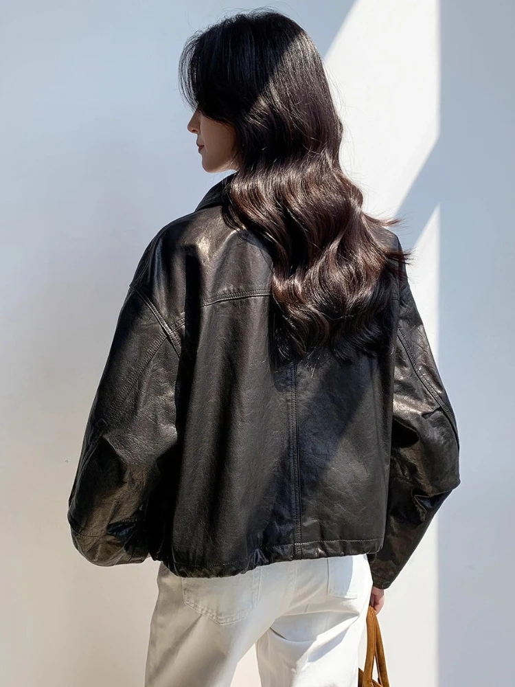 Casual Kurze Echtes Leder Jacken für Frauen Frühling Herbst High-end-Einfache Stehkragen Lose Weiche Öl Wachs Echt ziegenleder Mantel