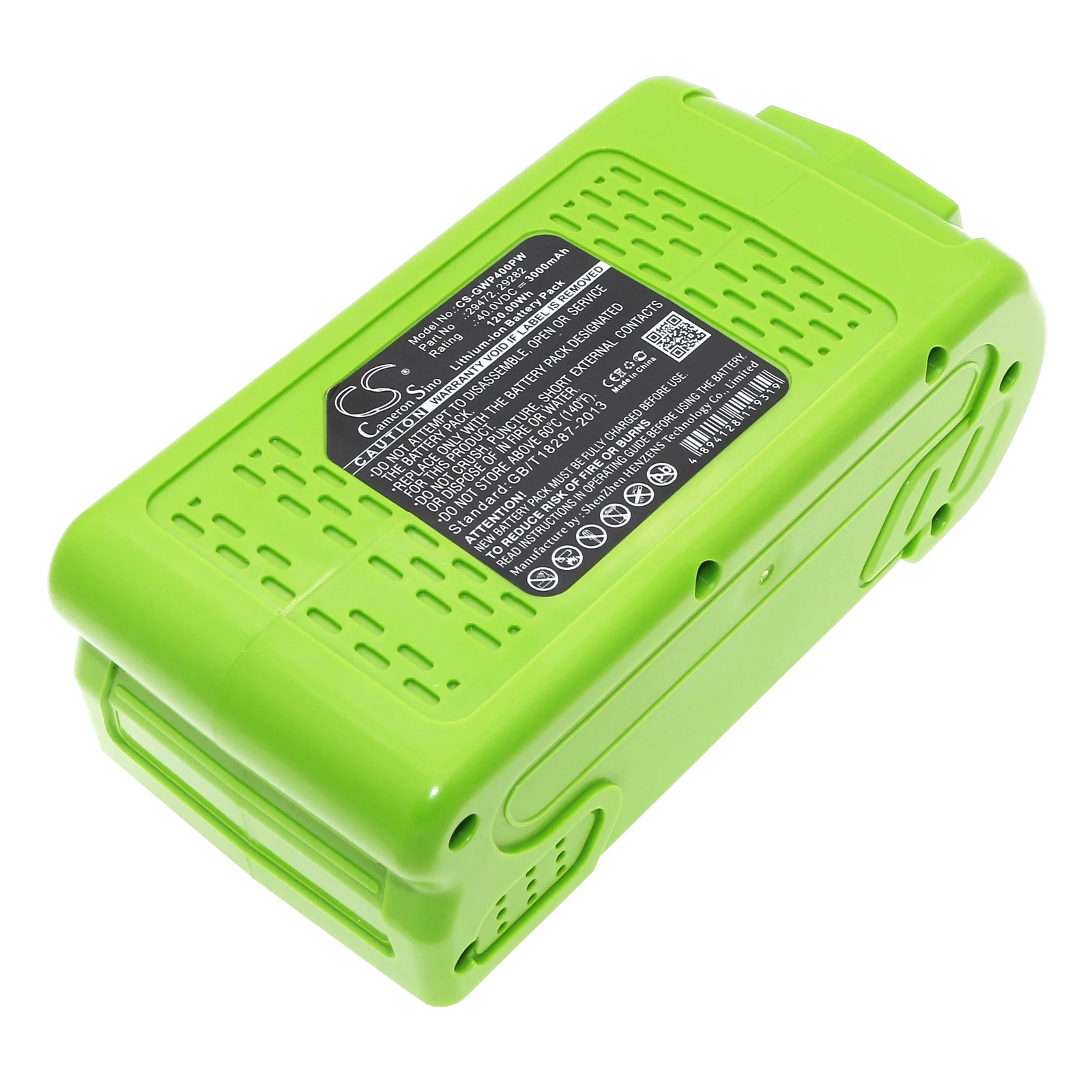 

Сменный аккумулятор CS для GreenWorks G-MAX 40V, 20302, 2601402, 21332, 24102, 29463, 20292, 29302, 20672, 24, артикул: 29472, 3000 мАч / 120 Вт·ч