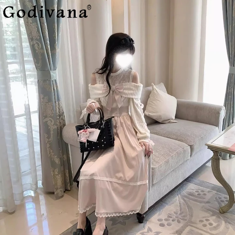 

Off Shoulder Bowknot Patchwork Lolita Dress Women's Japanese Style Clear Elegant Dress Female Autumn Gentle Lace Tie Dress