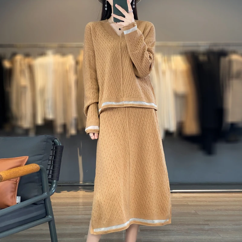 Women\'s New 100% Australian Wool Skirt Set V-Neck Long Sleeve Pullover Sweater Versatile Western Style Half Skirt Women\'s Set