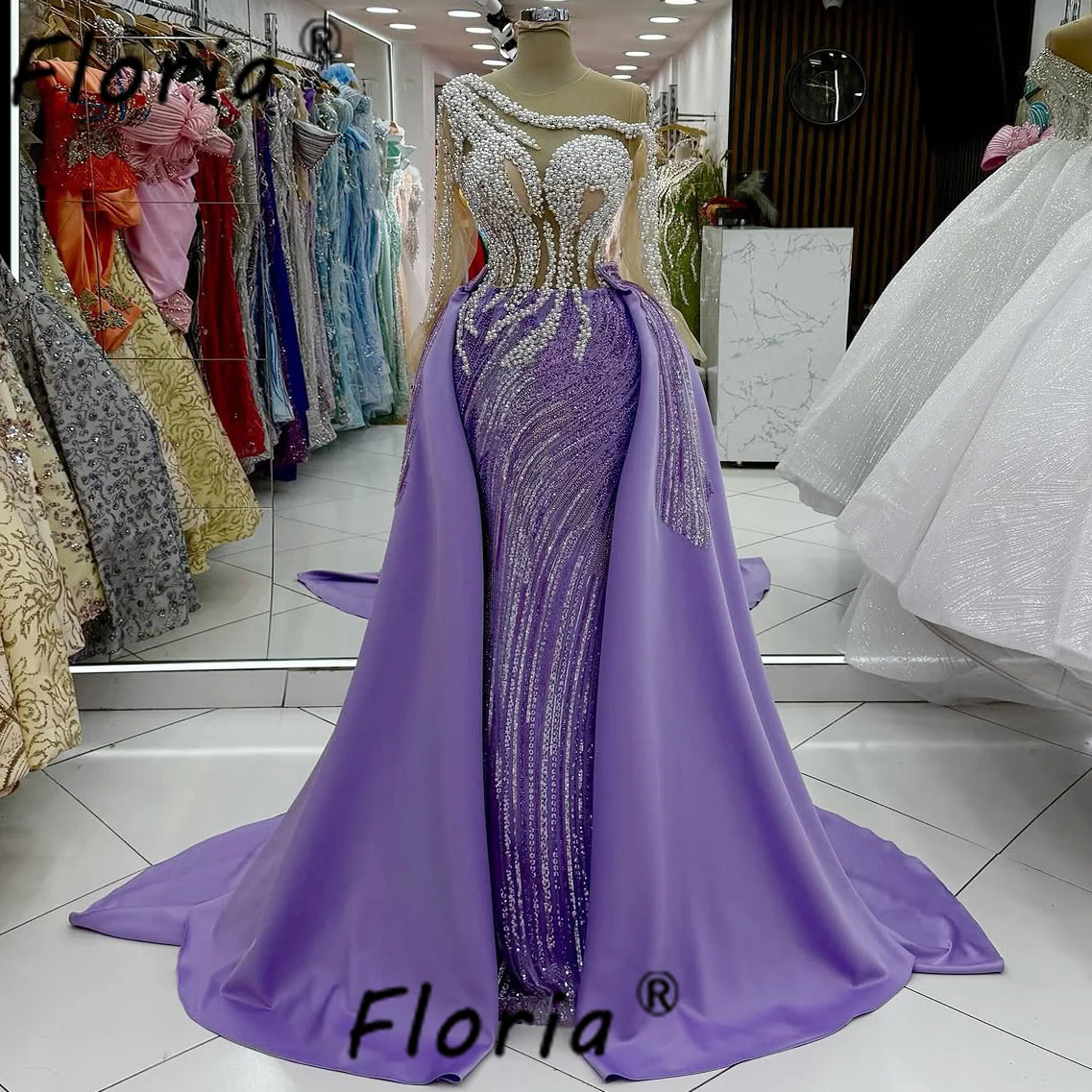 Luxury Dubai Purple Mermaid Evening Dress with Detachable Train Heavy Beads Pearls Wedding Party Gowns Customized Vestidos gala