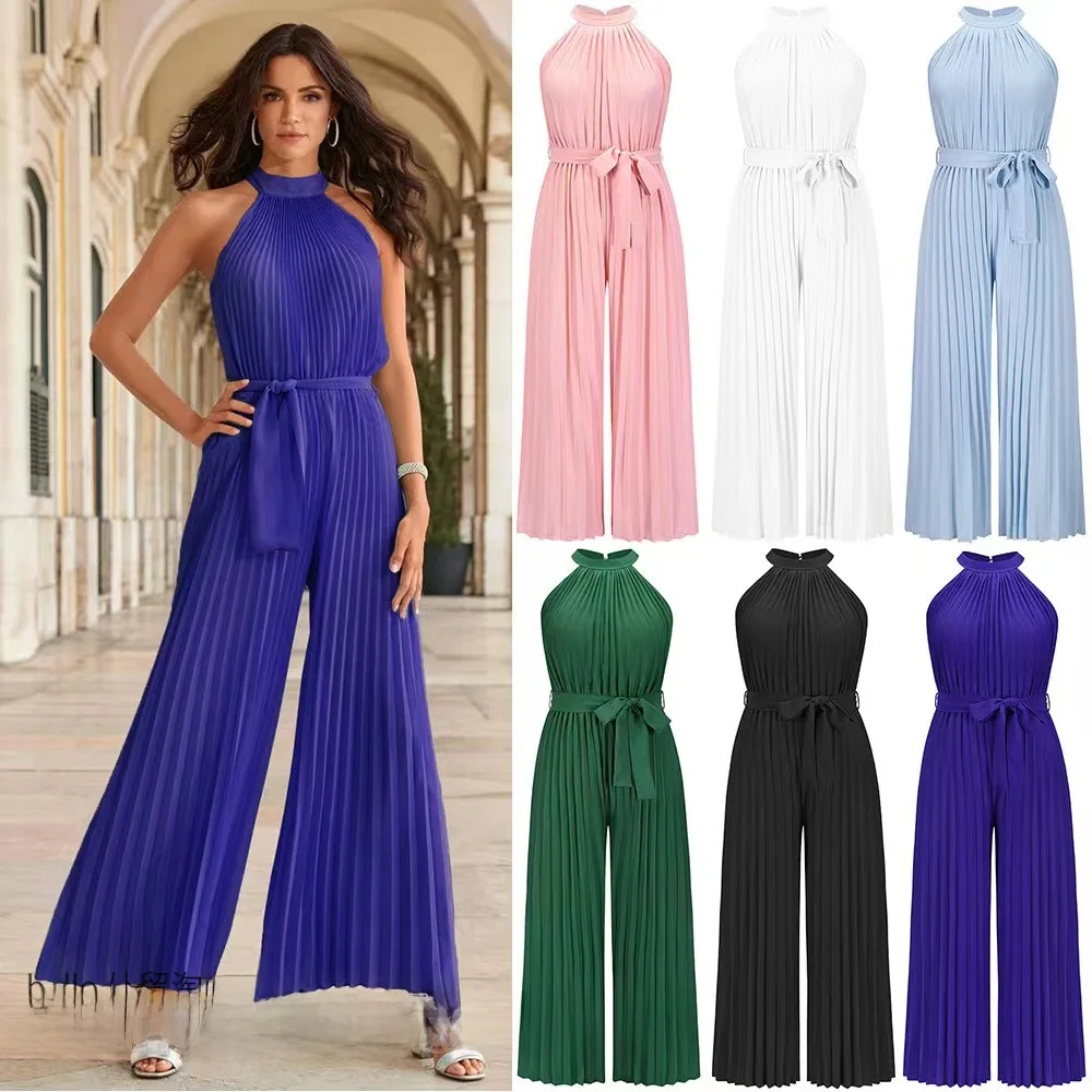 

Breezy Wide Leg Jumpsuit Neck Hanging Pleated Beach Holiday Loose Fitting Women's High Waist Polyester Long Pants
