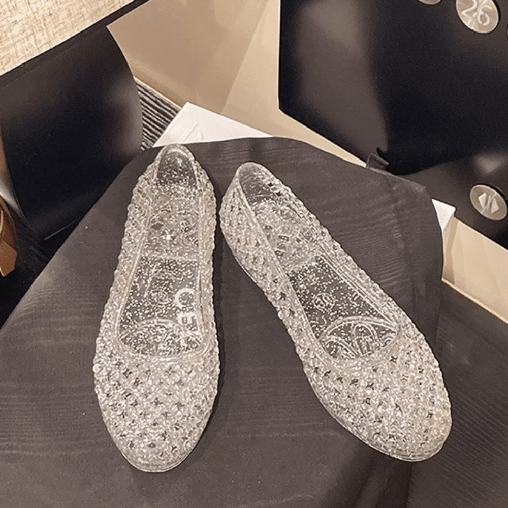 New Glitter Inlay Jelly Shoe Breathable Hollow Out Beach Shoe Flat Sole Crystal Look Hollow Shoe Daily Walk