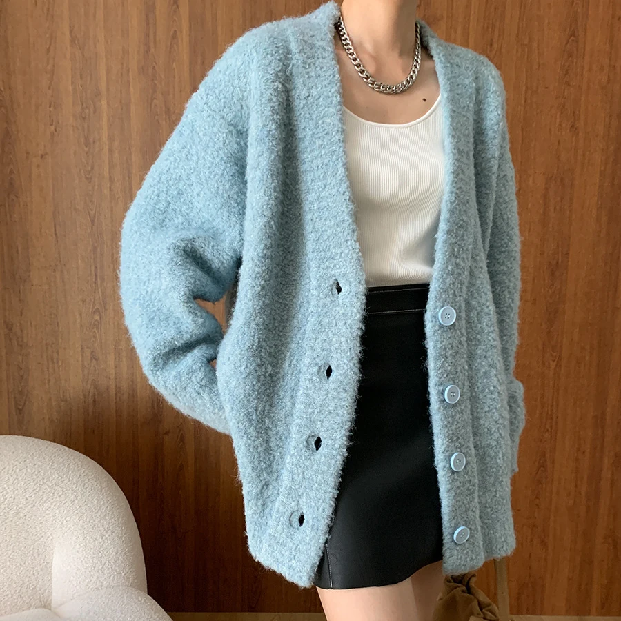 Women Autumn V-Neck Single Button Vintage Cardigans Coat Knitted Blue Color Warm Sweater Women Winter Cape Clothes Tops