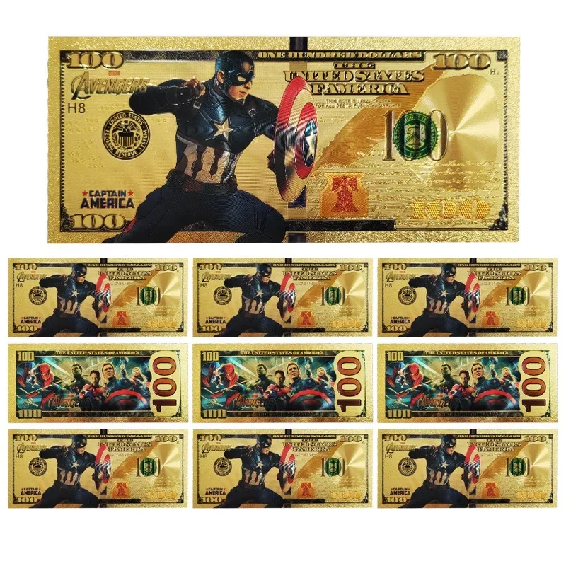 Marvel Super Hero Series Anime Ironman Captain America Gold Commemorative Banknote Collection Movie Peripherals Holiday Gifts