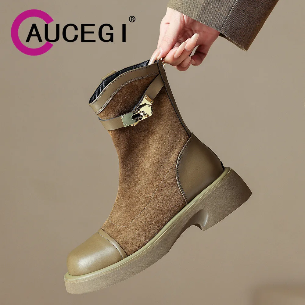 

Aucegi Fashion Thick Heel Round Toe Ankle Boots Autumn Winter Apricot Black Ladies Cow Leather Patchwork Stretch Flock Shoes