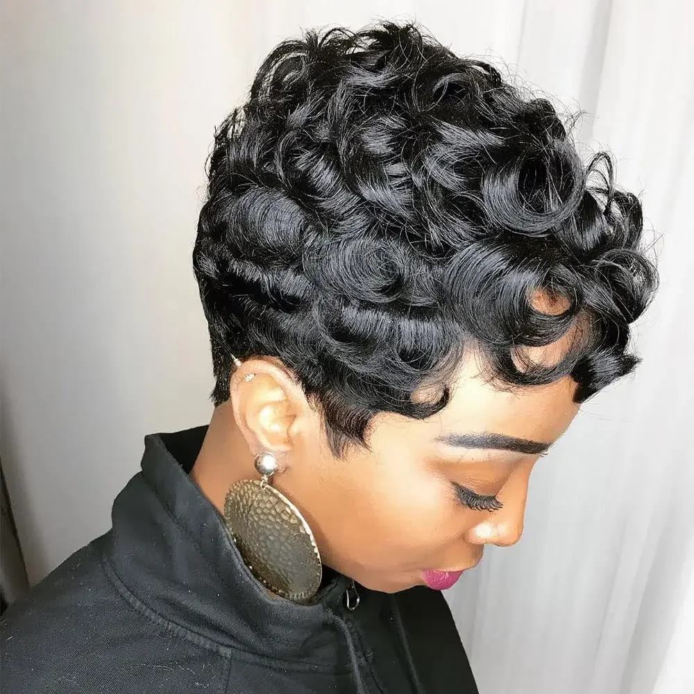 Black Short Pixie for Women Curly Natural Wavy Synthetic Hair Wigs