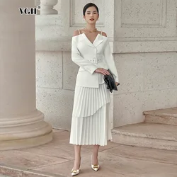 VGH Elegant Skirts Set For Women Lapel Long Sleeve Spliced Belt Tunic Backless Coat High Waist Pleated Skirt Chic Sets Female