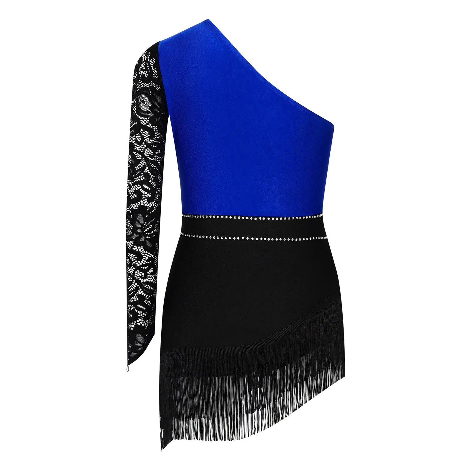Kids Girls Jazz Latin Dance Dress Shiny Rhinestones Lace One Long Sleeve Tassels Dancewear Samba Rumba Cha Cha Dance Costume
