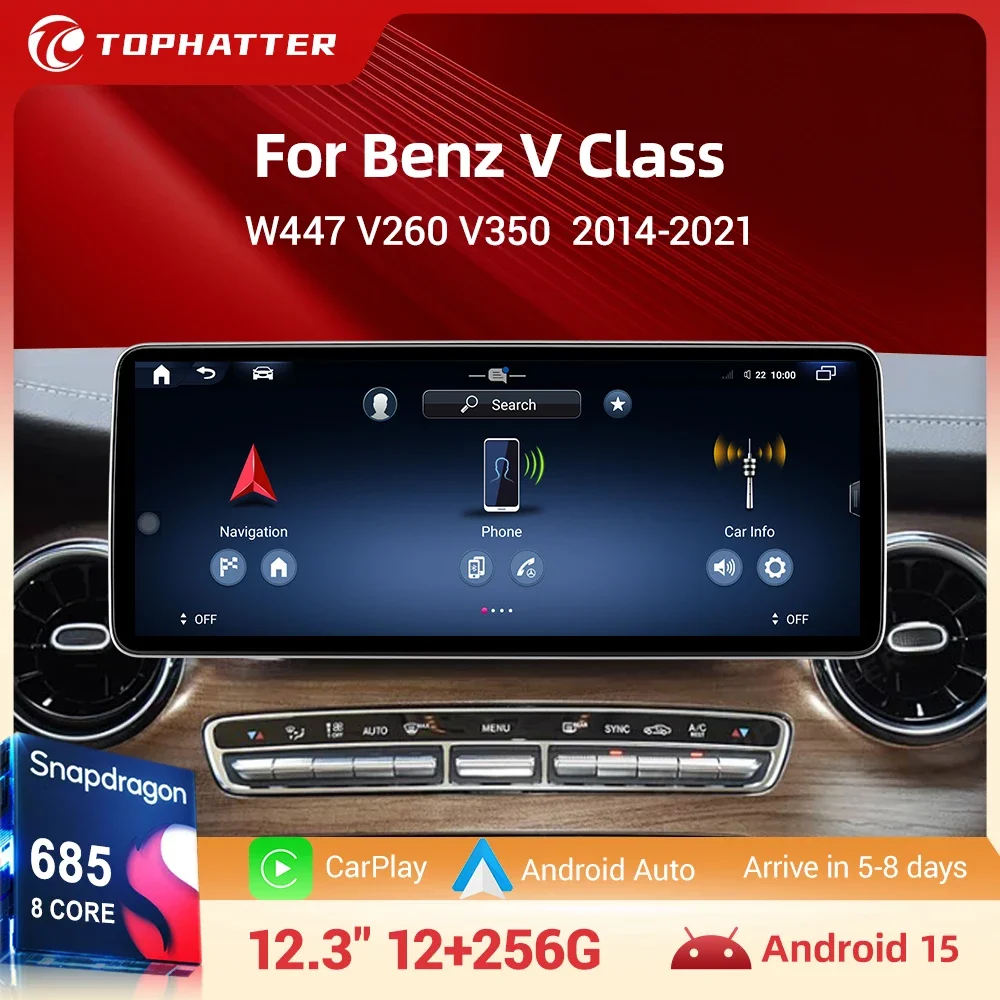 Écran multimédia sans fil Qualcomm 685 Android AUTO CarPlay 12,3 pouces pour Mercedes Benz Classe V W447 V250 V260 V350