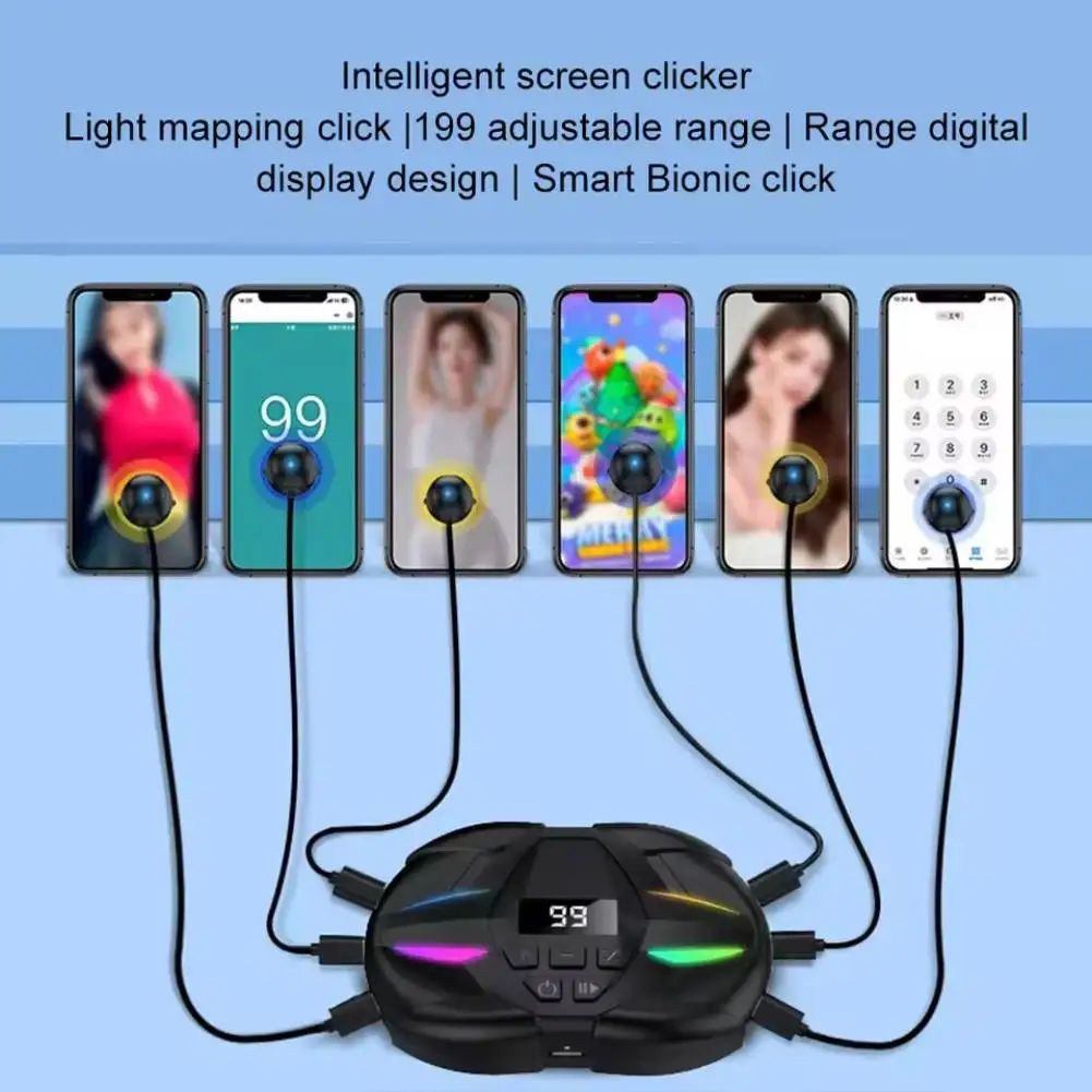 

Автоматический кликер Физическая имитация устройства щелчка пальца Регулируемый кликер экрана телефона с цифровым дисплеем RGB-подсветка для игр в прямом эфире