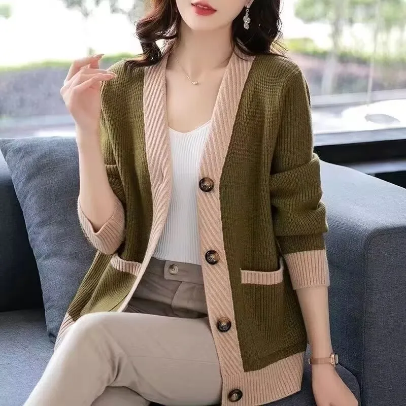 

Spring Autumn New Color Matching Knitted Cardigan Women's Korean Casual Sweater Coat V-neck Long Sleeve Cardigan Sweaters Jacket
