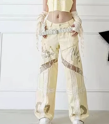 Temperament Light Beige Hollow Lace-up Removable Versatile Jeans Summer Personalized Girl Loose Leisure Street Straight Trousers