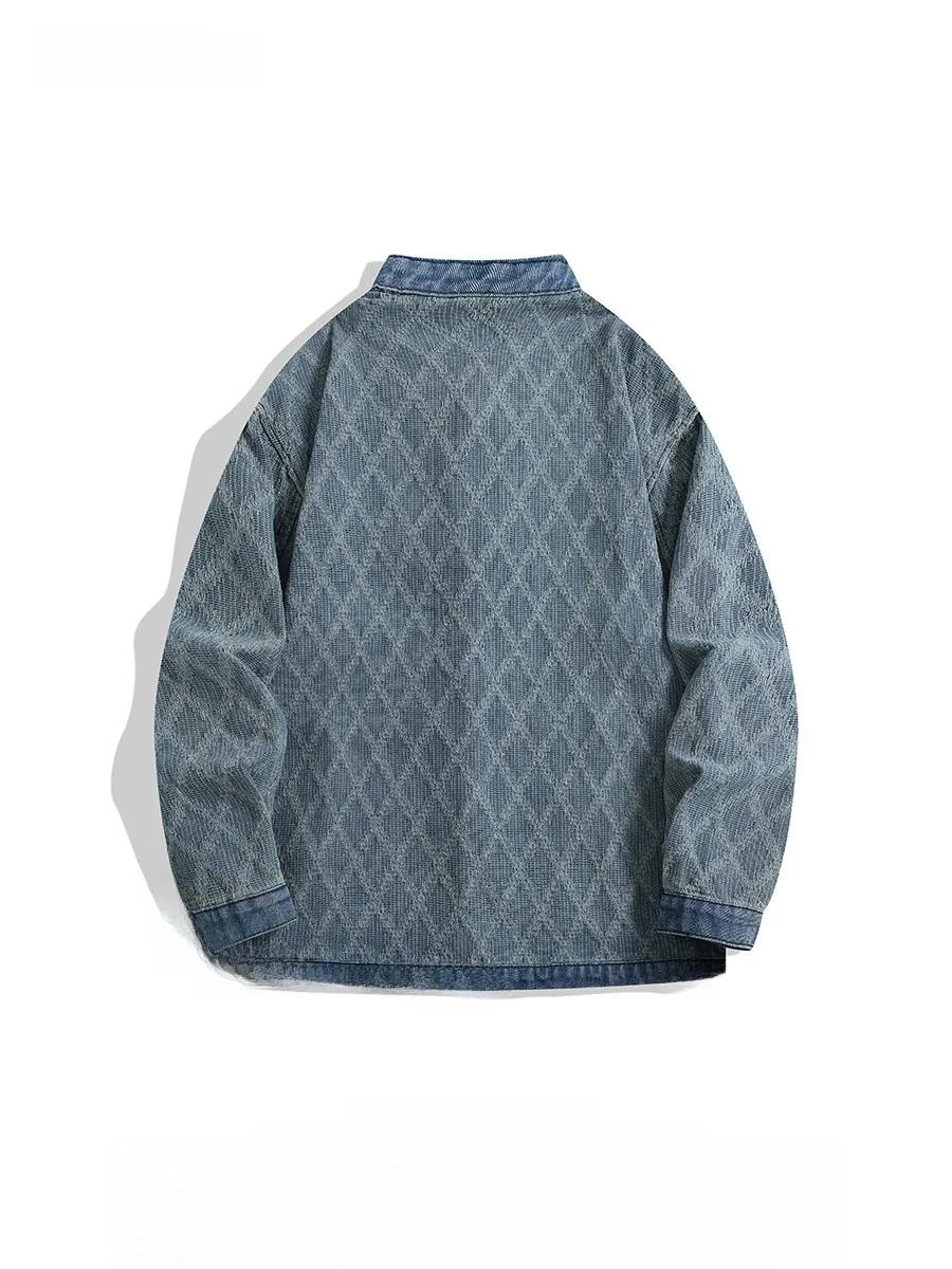 

Boyue Chinese Sle Buttoned Denim Jaet Design Sense Rhombus Retro Text Embroidery Men's Jaet Loose Fit Youth Trend