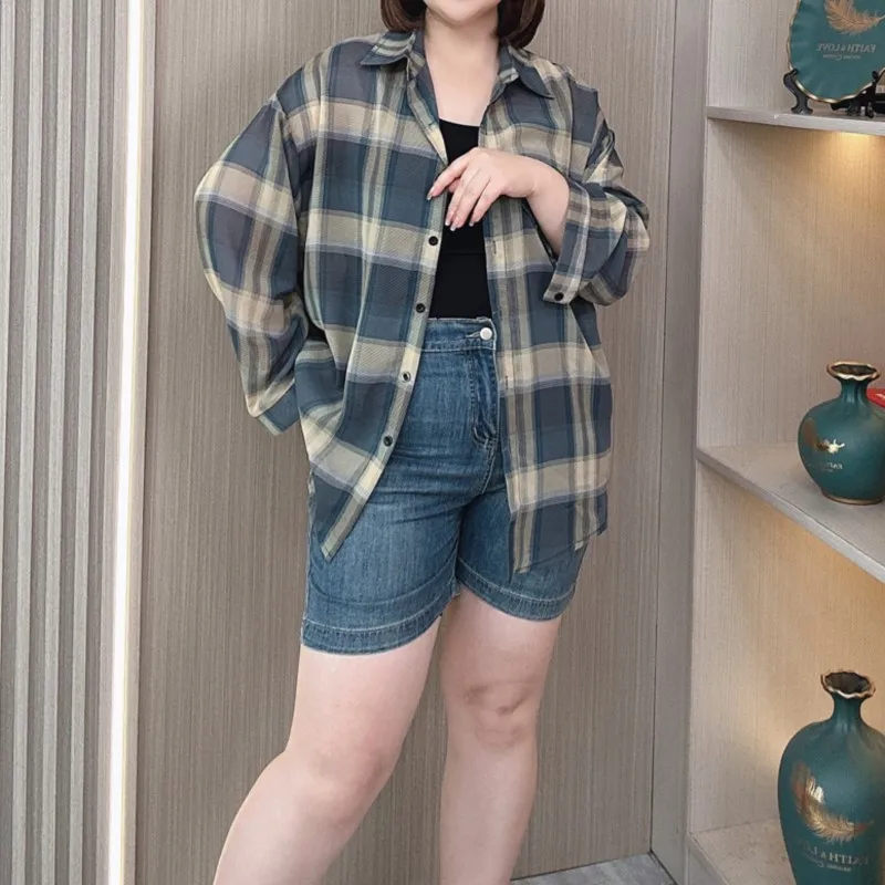 Red Plaid Shirt Women Summer Long Sleeve Sun Protection Clothes Plus Size Loose Casual Outside With Blouses