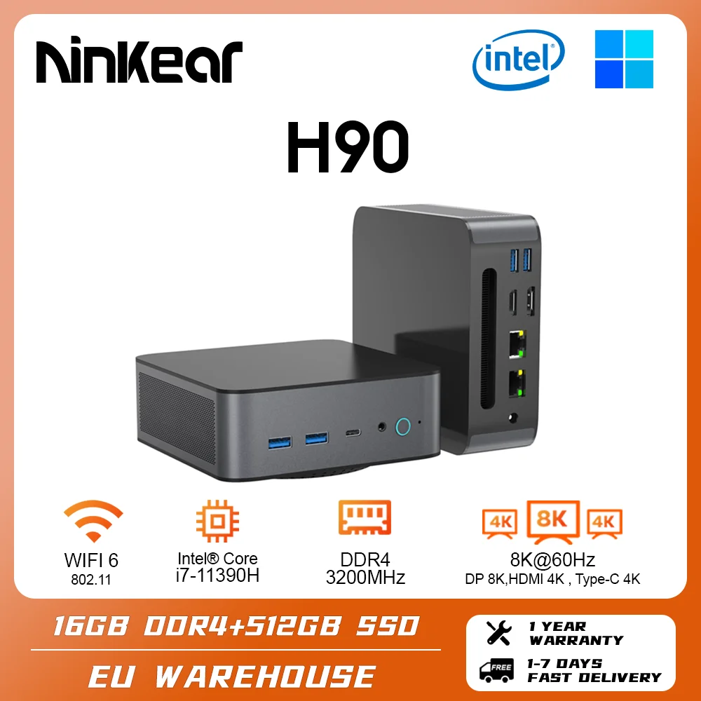 Ninkear H90 MINI PC Intel Core i7 11390H up to 5.0GHz 16GB DDR4 + 512GB SSD WiFi 6 BT5.0 Support 8K Three Screen Windows 11