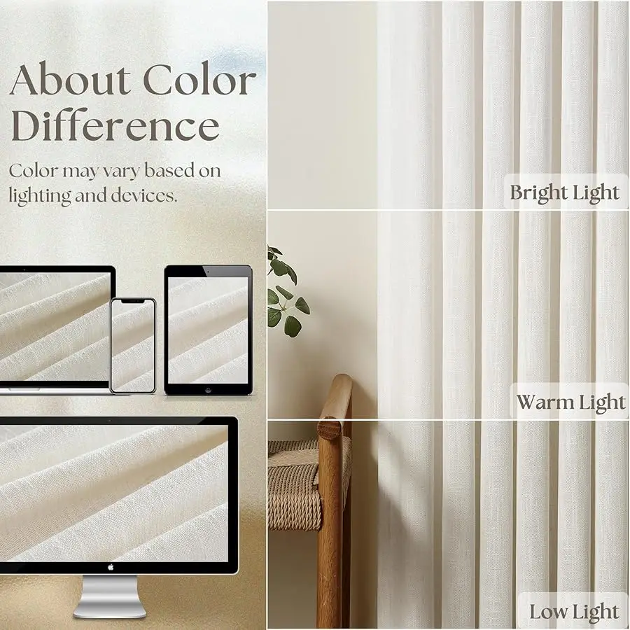 ستائر كتان بطيات طبيعية بطول 84 بوصة 2 لوح لغرفة النوم وغرفة النوم كريمي محكم I ory Birch شبه شفافة بوهو