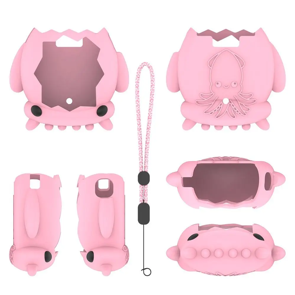 حافظة واقية لوحدة التحكم في الألعاب من السيليكون على شكل حبار كرتوني مع غطاء جلدي بحبل تغطية كاملة لـ Tamagotchi Paradise