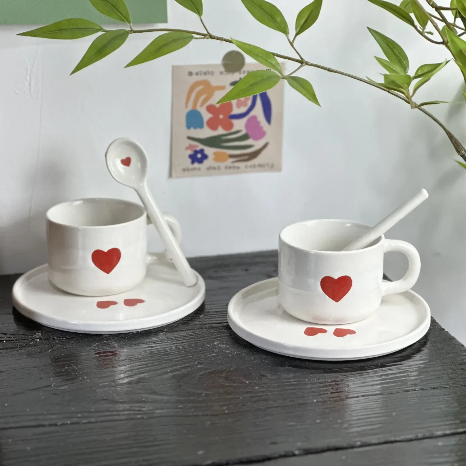 Creative Love Heart Coffee Cup with Saucer Set Colorful Polka Dot Cup Student Ceramic Water Cup Home Exquisite Tableware Gift