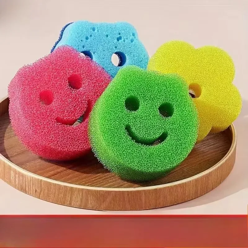 1-20pcs Kitchen Sponge Brushes Smiling Face Dishwashing Sponge Cloth Powerful Scouring Pad Strong Stain-removing for Glass Stove