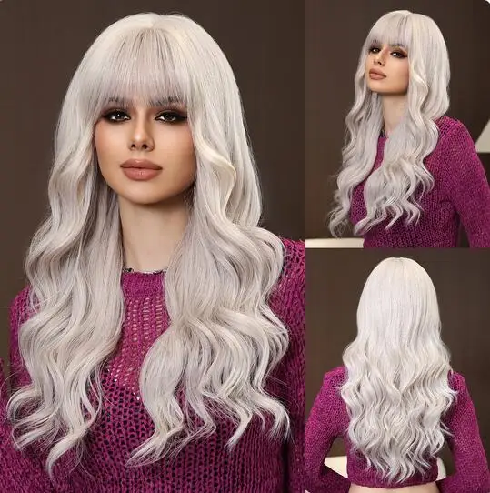 

Platinum Blonde Long Natural Wavy Wigs Cosplay Party Lolita Synthetic Wig with Bangs for Women Heat Resistant Fiber Hairs