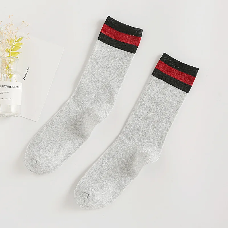 Harajuku Glitter Socks For Women Striped Silver Shiny Socks Shining Loose Socks Fashion Streetwear Spring Thin Mid-tube Socks