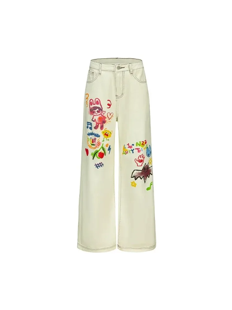 2025 Summer New Women's White High-Waisted Wide-Leg Pants Cartoon Hand-Painted Print Loose Straight Long Jeans