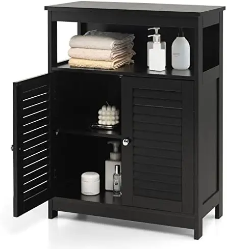 

Bathroom Cabinet, Wooden Side Organizer with Louver Doors & Removable , Freestanding Floor Cabinet for Living Room, Kitche