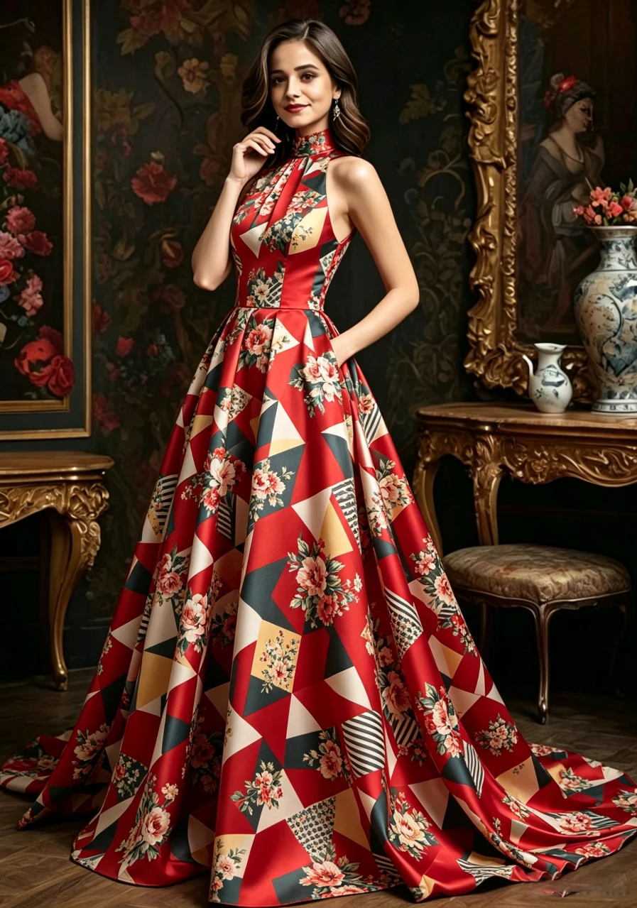 

Floral Geometric Patchwork Maxi Gown Halter Sleeveless A-Line Formal Evening Dress Elegant Wedding Guest Prom Dress for Women