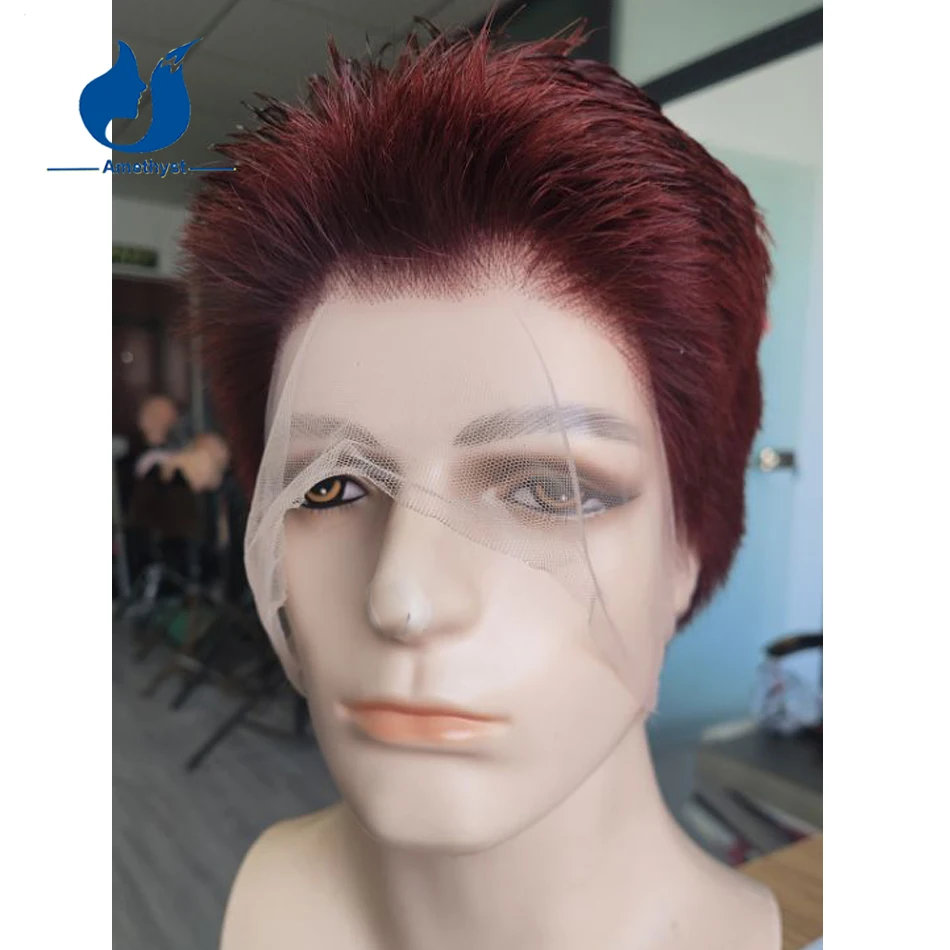 

Мужской короткий парик с аметистовым красным узором, человеческие волосы, бразильские волосы Remy, прозрачный полный парик шнурка, предварительно скрепленный с бакенбардами 99J