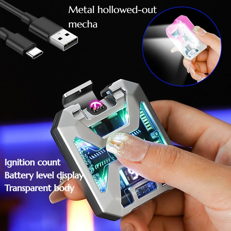 Metal Hollowed-out Mech Charging Dual Electric Arc Lighter with Digital Display LED Lighting Premium Gift With gift box