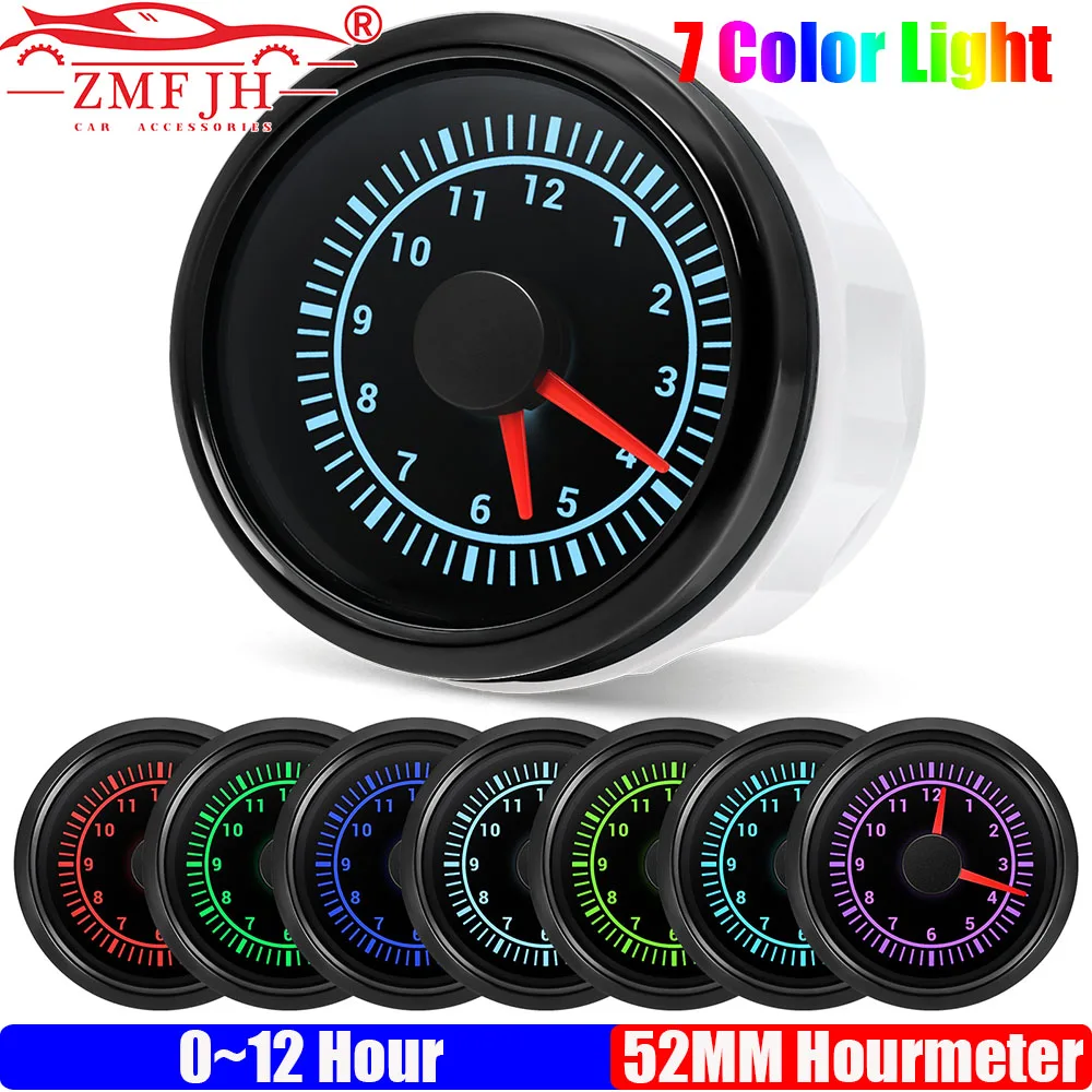 ZMFJH Newest Car Universal 52mm Clock Meter Gauge 12 Hourmeter Gauge with 7 Colors Backlight for Yacht Boat Truck 12V 24V