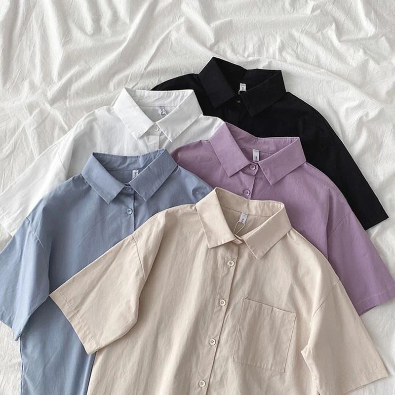 

Women Korean Harajuku Loose Shirt Female Summer Casual Japan Style Preppy Students JK Girls Solid Loose Blouse Simple Tops Blusa