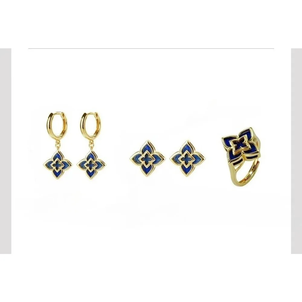 

Shining U S925 Silver Lapis Lazuli Clover Jewelry Set Earrings Ring for Women Fine Jewelry New Chinese Style Gift